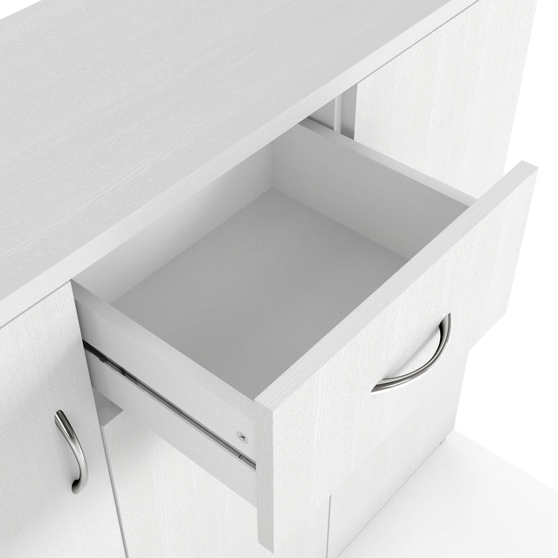 Right facing close up view of the open drawer of a contemporary white three-door one-drawer shoe cabinet on a white background