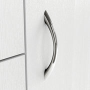 Right facing close up view of the hardware of a contemporary white three-door one-drawer shoe cabinet
