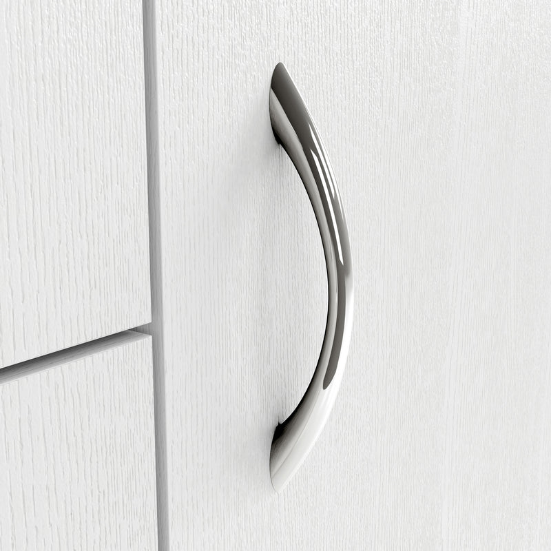 Right facing close up view of the hardware of a contemporary white three-door one-drawer shoe cabinet