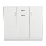 Front facing contemporary white three-door one-drawer shoe cabinet on a white background