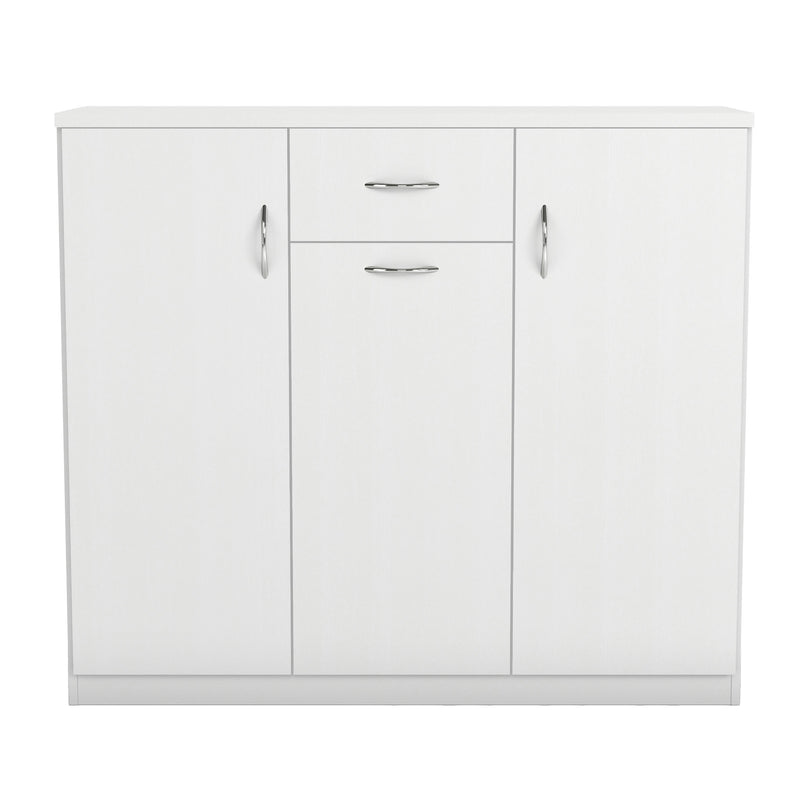 Front facing contemporary white three-door one-drawer shoe cabinet on a white background