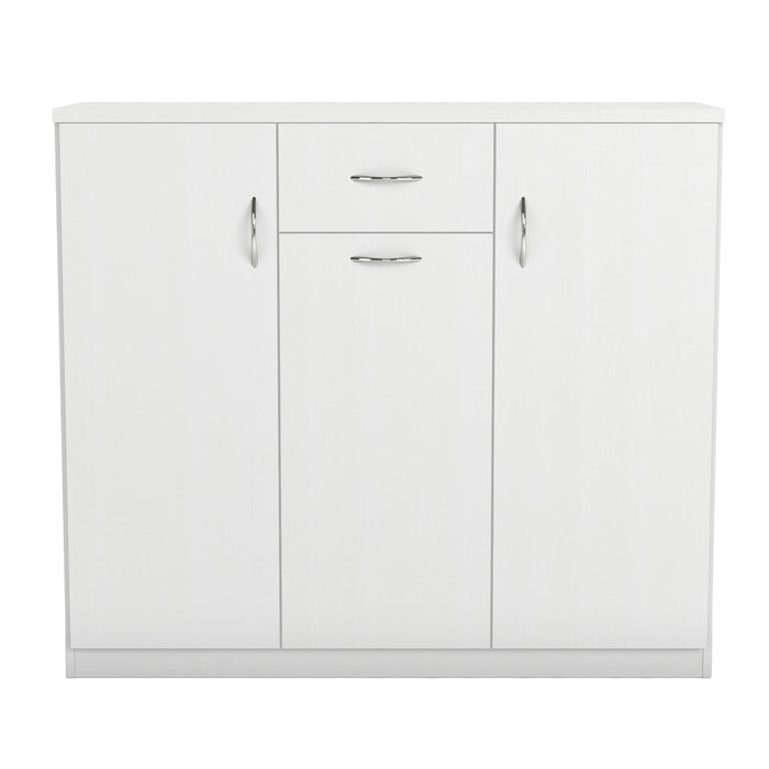 Front facing contemporary white three-door one-drawer shoe cabinet on a white background