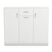 Front facing contemporary white three-door one-drawer shoe cabinet on a white background