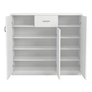 Front facing contemporary white three-door one-drawer shoe cabinet with all doors open on a white background