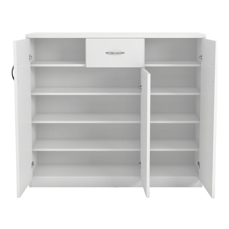 Front facing contemporary white three-door one-drawer shoe cabinet with all doors open on a white background