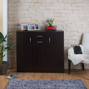 Front facing contemporary espresso three-door one-drawer shoe cabinet in a room with accessories
