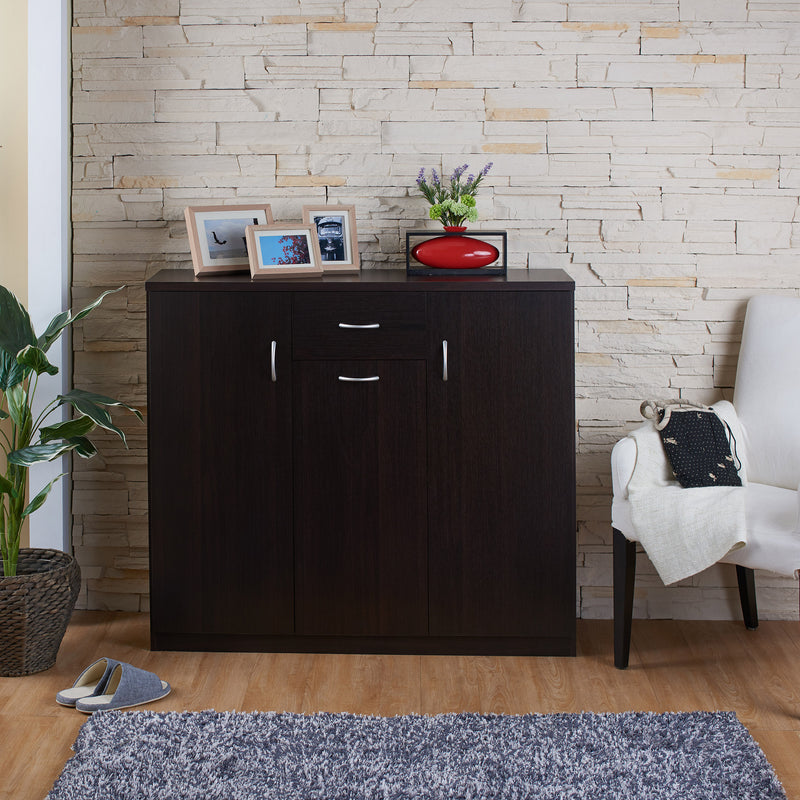 Front facing contemporary espresso three-door one-drawer shoe cabinet in a room with accessories