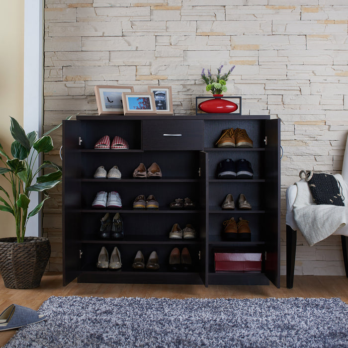 Front facing contemporary espresso three-door one-drawer shoe cabinet with doors open in a room with accessories