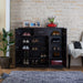 Front facing contemporary espresso three-door one-drawer shoe cabinet with doors open in a room with accessories