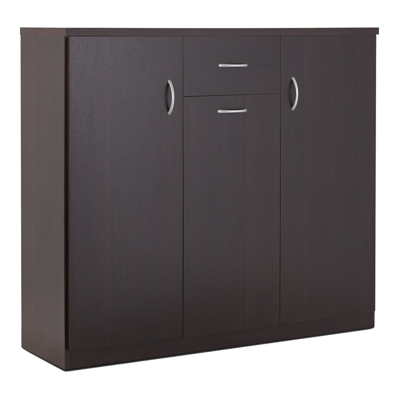 Left facing contemporary espresso three-door one-drawer shoe cabinet on a espresso background