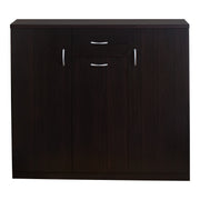 Front facing contemporary espresso three-door one-drawer shoe cabinet on a espresso background