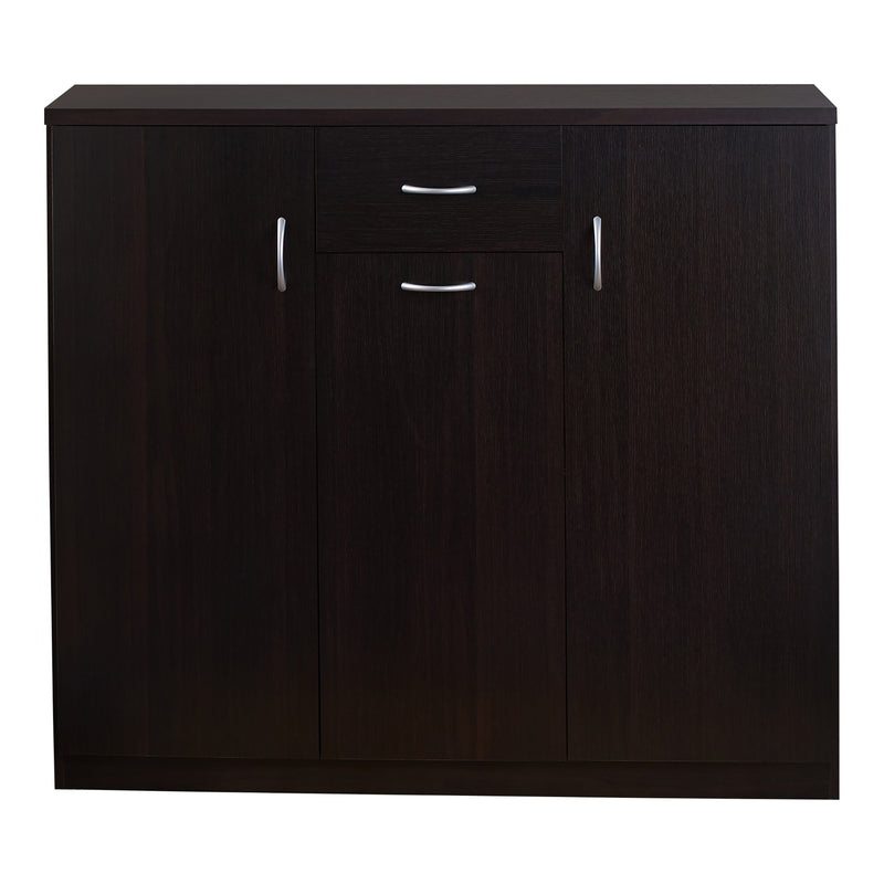 Front facing contemporary espresso three-door one-drawer shoe cabinet on a espresso background
