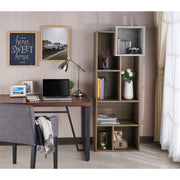 Front facing of a vertical seven-shelf Industrial-style wood two-tone bookcase unit in a room with accessories