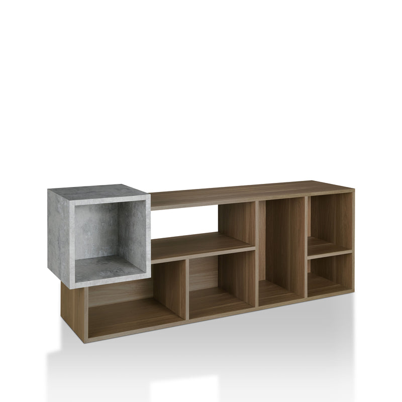 Right facing of a horizontal seven-shelf Industrial-style wood two-tone bookcase unit on a white background