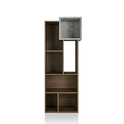 Front facing of a vertical seven-shelf Industrial-style wood two-tone bookcase unit on a white background
