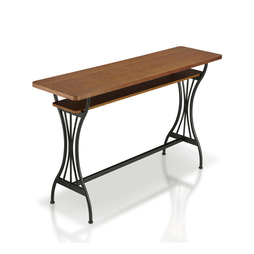 Right angled modern warm oak and metal counter height table with a trestle base on a white background