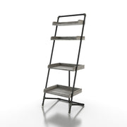 Left angled industrial vintage gray oak four-shelf leaning accent bookcase on a white background