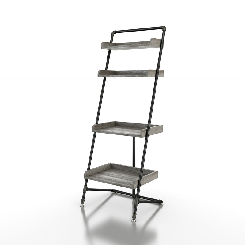 Left angled industrial vintage gray oak four-shelf leaning accent bookcase on a white background