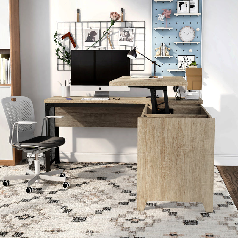 Shadowstone Modern Natural Oak L-Shape Desk with Lift-Top Storage
