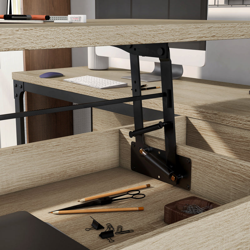 Shadowstone Modern Natural Oak L-Shape Desk with Lift-Top Storage