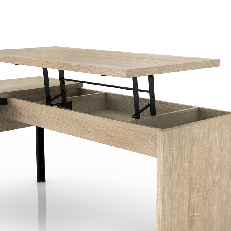 Shadowstone Modern Natural Oak L-Shape Desk with Lift-Top Storage