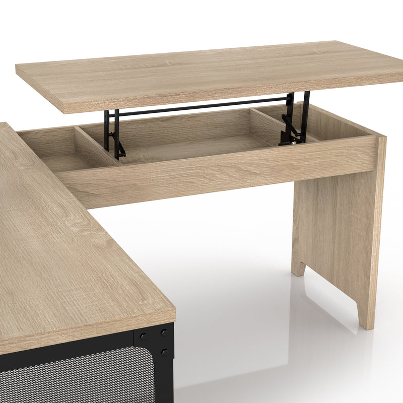 Shadowstone Modern Natural Oak L-Shape Desk with Lift-Top Storage