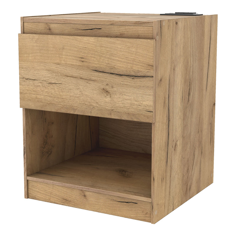 Left facing rustic light oak one-drawer nightstand with an open shelf and a charging port in the tabletop on a white background
