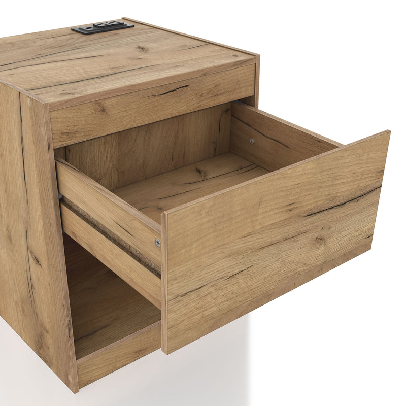 Right facing rustic light oak one-drawer nightstand with an open shelf and a charging port in the tabletop shown with drawer open on a white background