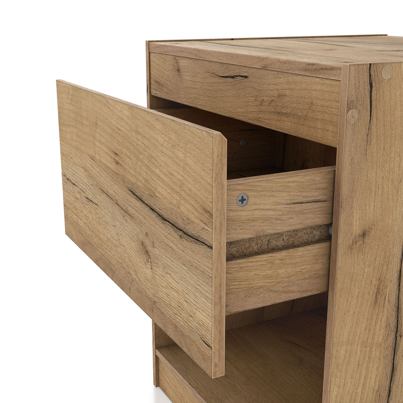 Left facing close up view of a rustic light oak one-drawer nightstand with an open shelf and a charging port in the tabletop shown with drawer open on a white background