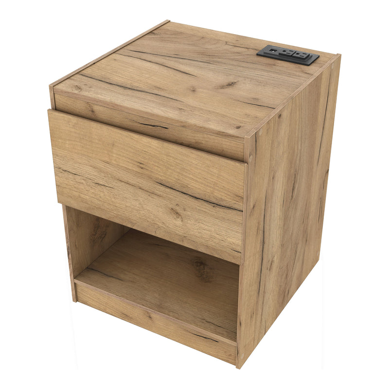 Left facing high view of a rustic light oak one-drawer nightstand with an open shelf and a charging port in the tabletop on a white background
