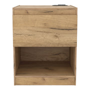Front facing rustic light oak one-drawer nightstand with an open shelf and a charging port in the tabletop on a white background
