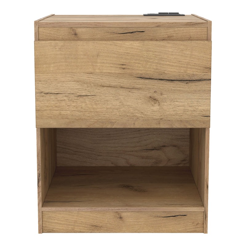 Front facing rustic light oak one-drawer nightstand with an open shelf and a charging port in the tabletop on a white background