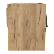 Front facing side view of a rustic light oak one-drawer nightstand with an open shelf and a charging port in the tabletop on a white background