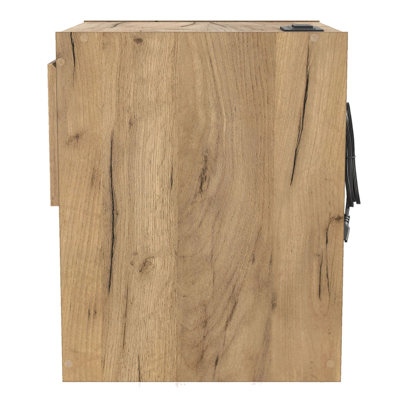 Front facing side view of a rustic light oak one-drawer nightstand with an open shelf and a charging port in the tabletop on a white background