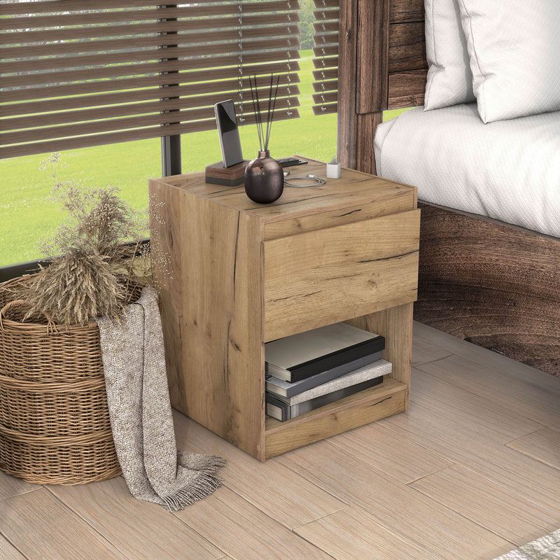 Right facing rustic light oak one-drawer nightstand with an open shelf and a charging port in the tabletop in a room with accessories