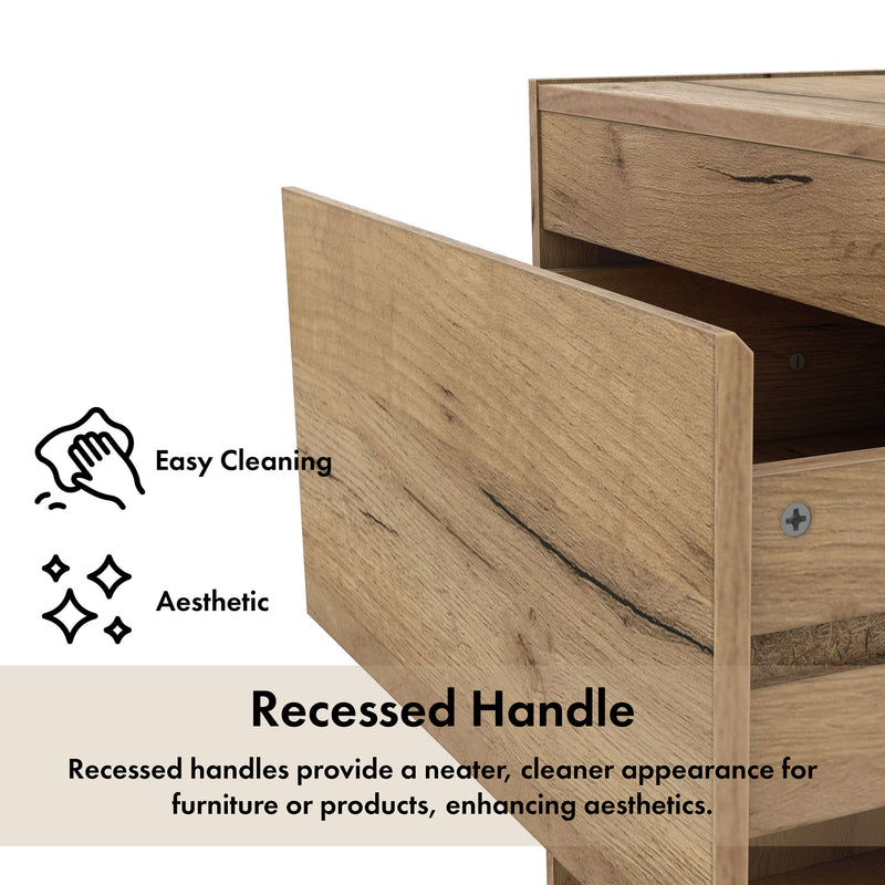 Informational image of the recessed handle on a rustic light oak one-drawer nightstand with an open shelf and a charging port in the tabletop