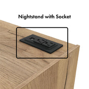 Informational image of the USB port and power outlets on a rustic light oak one-drawer nightstand with an open shelf and a charging port in the tabletop