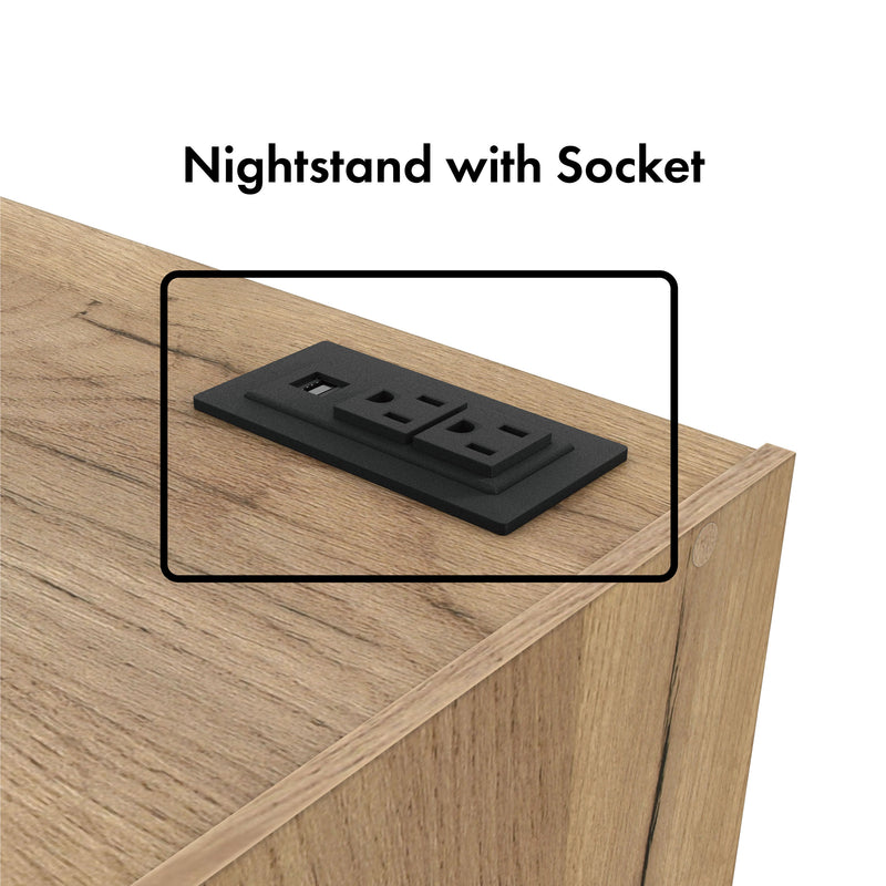 Informational image of the USB port and power outlets on a rustic light oak one-drawer nightstand with an open shelf and a charging port in the tabletop