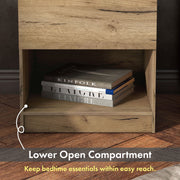 Informational image of the open lower shelf on a rustic light oak one-drawer nightstand with an open shelf and a charging port in the tabletop