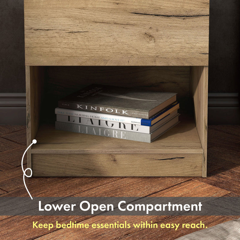 Informational image of the open lower shelf on a rustic light oak one-drawer nightstand with an open shelf and a charging port in the tabletop