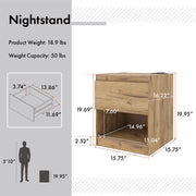 Informational image of the product dimensions on a rustic light oak one-drawer nightstand with an open shelf and a charging port in the tabletop