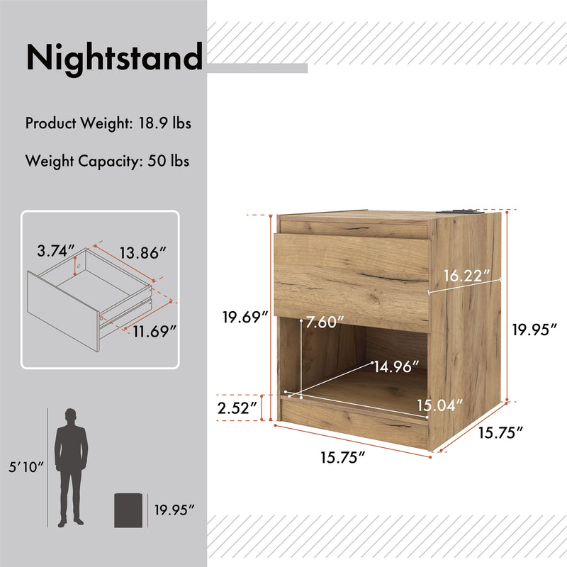 Informational image of the product dimensions on a rustic light oak one-drawer nightstand with an open shelf and a charging port in the tabletop