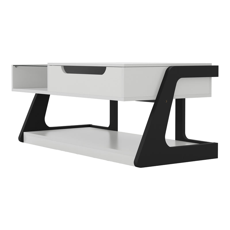Left facing contemporary white and black storage coffee table with a half-width lift top on a white background