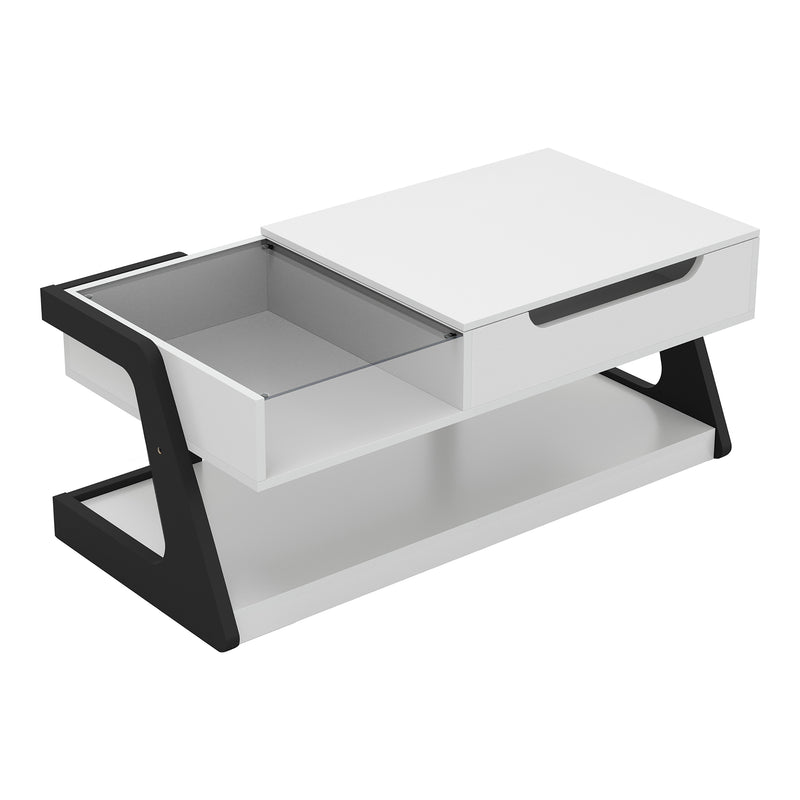 Right facing contemporary white and black storage coffee table with a half-width lift top on a white background