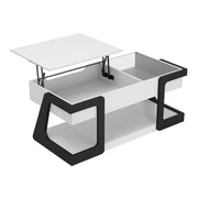 Right facing contemporary white and black storage coffee table with a half-width lift top in the raised position on a white background