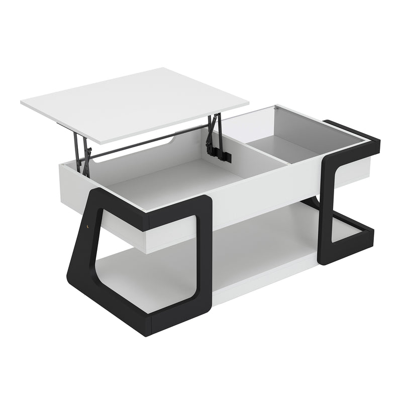 Right facing contemporary white and black storage coffee table with a half-width lift top in the raised position on a white background