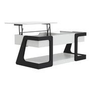 Right facing contemporary white and black storage coffee table with a half-width lift top in the raised position on a white background