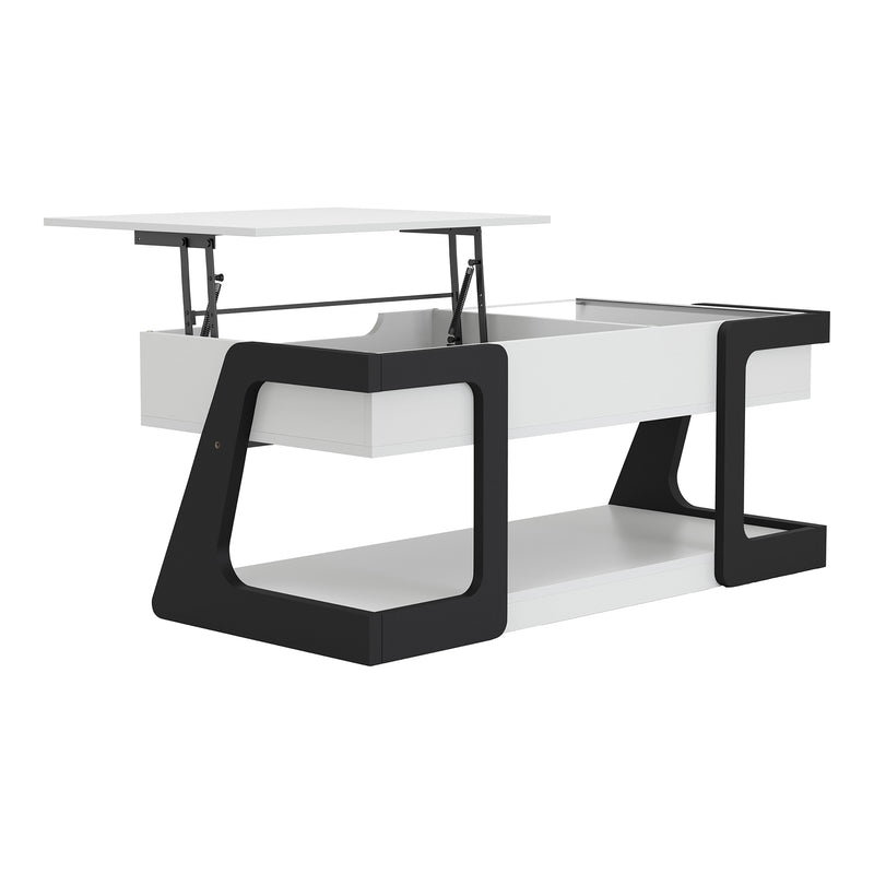 Right facing contemporary white and black storage coffee table with a half-width lift top in the raised position on a white background