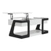 Right facing contemporary white and black storage coffee table with a half-width lift top in the raised position on a white background