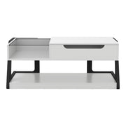 Front facing contemporary white and black storage coffee table with a half-width lift top on a white background